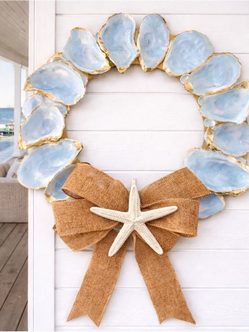 Elegant Oyster Shell Wreath with Burlap Bow